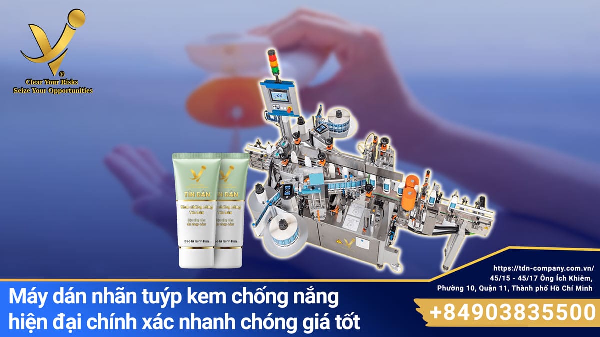 Máy dán nhãn tuýp kem chống nắng hiện đại đẹp mắt
